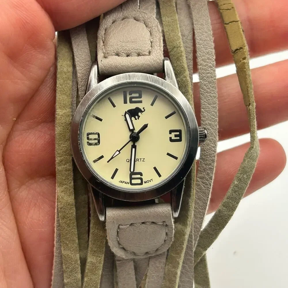 Women’s Fashion Watch Light Gray Wrap-around Leather Band Elephant Print Dial
